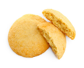 Pieces of tasty lemon cookies isolated on white, top view