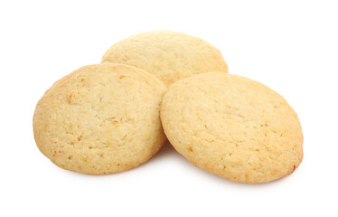 Many tasty lemon cookies isolated on white