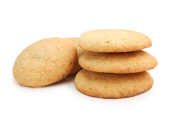 Many tasty lemon cookies isolated on white