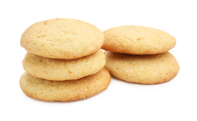 Many tasty lemon cookies isolated on white