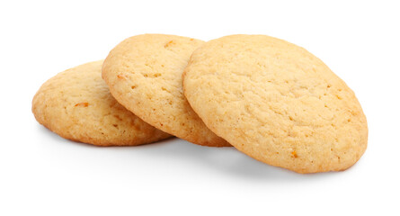 Many tasty lemon cookies isolated on white