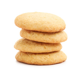 Many tasty lemon cookies isolated on white