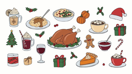 Festive Christmas Dinner and Drinks Illustration.