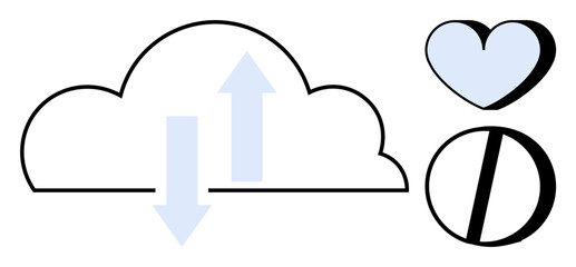 Cloud storage, healthcare, digital data, medication management, online services, connectivity. A cloud with arrows, a heart and a pill. Cloud storage and healthcare concepts