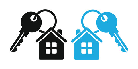 Fresh house keys with house shaped key chain offers a new beginning, vector property and real estate purchase icons.
