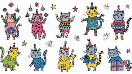 Collection of ten colorful hand drawn cartoon cats celebrating a party.