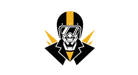 Bold motorcycle rider icon with helmet and goggles against white background