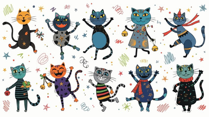 Festive Feline Friends - A Whimsical Collection of Cartoon Cats.
