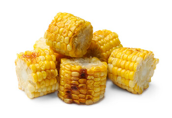 Pieces of grilled corn cobs isolated on white