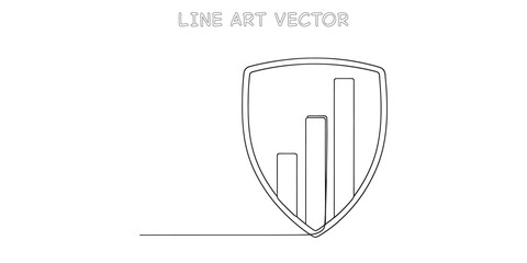 Continuous one line drawing of security shield with bar graph inside representing financial protection and stable growth