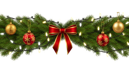 Christmas garland with ornaments and bow isolated on transparent background
