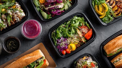 Assortment of Healthy Meals in Takeout Containers with Fresh Salads and Sandwiches Perfect for Quick Lunches