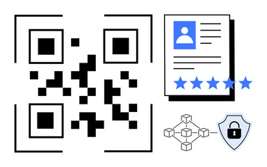 QR code alongside user profile details, star rating system, blockchain network, and shield with padlock. Ideal for identity management, digital security, blockchain tech, data privacy, secure