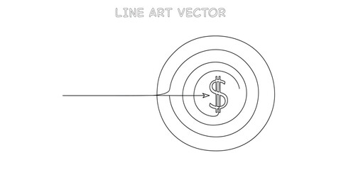 Continuous one line drawing of target board with dollar sign in center for financial goal and business focus concept