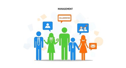 Diverse Group of People Icons with Speech Bubbles Representing Management and Communication.