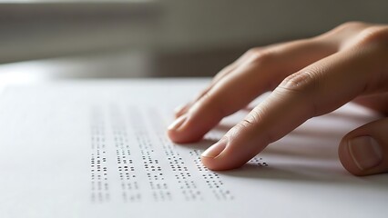 Close-up of a hand reading Braille text on a white paper, highlighting visual impairment and accessibility