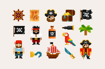 Pixel art icons set of Pirates items. 8-bit Game assets of Pixel Pirates chatacter, Ship, flag, sailboat, Treasure chest, Treasure map, boat, pirate ship, bottle. Vector Stickers and puzzle design