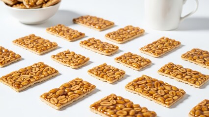 Homemade peanut brittle bars arranged in a neat pattern on a white background, a delicious crunchy sweet snack