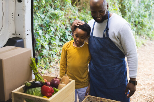 African American father and son unloading produce crate from van on dirt path, patting son's head