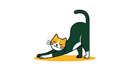 Cartoon cat stretching with closed eyes on a white background