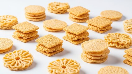 A delicious variety of crispy Japanese senbei rice crackers, including savory sandwiches and delicate flower shapes, isolated on white
