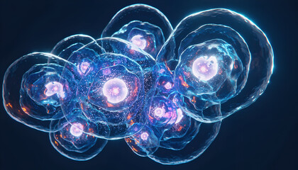 Abstract cluster of glowing blue and purple cells with luminous cores and cellular structures on a dark background scientific visualization and biotechnology concept