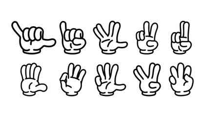 Mega set of Cartoon comic hands gestures with different signs and symbols. Gesturing human arms in doodle style. Hands poses. Vector illustration