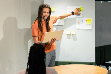 African American team presenting with laptop in office pointing at sticky notes on pinned charts