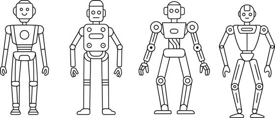 Stylized robot characters in black and white line art, mechanical humanoid designs with unique features and configurations, flat vector