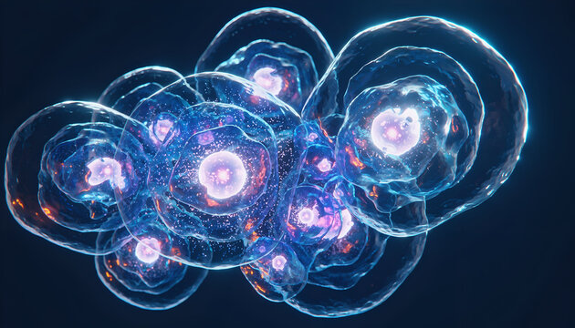 Abstract cluster of glowing blue and purple cells with luminous cores and cellular structures on a dark background scientific visualization and biotechnology concept - Powered by Adobe