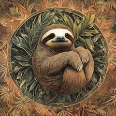 Naklejka premium Serene Sloth Among Lush Tropical Foliage