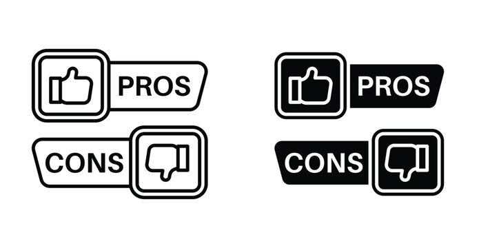 Pros and cons icon set. Pros and cons vector symbol in black filled and outlined style.