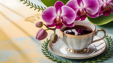 Elegant porcelain teacup filled with dark coffee rests on a saucer adorned with orchids and greenery