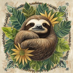Naklejka premium Sloth Surrounded By Lush Tropical Foliage And Flowers