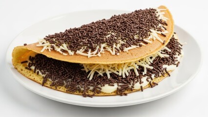 A delicious sweet crepe folded in half, generously filled with cream, shredded cheese, and chocolate sprinkles, served on a white plate as a tasty dessert
