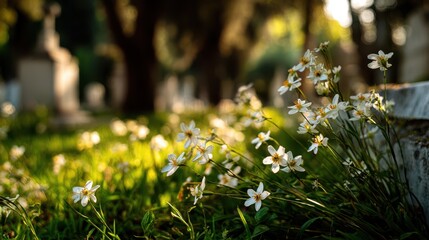 Delicate white flowers blooming in a tranquil cemetery at sunset providing a peaceful and reflective scene with blurred headstones