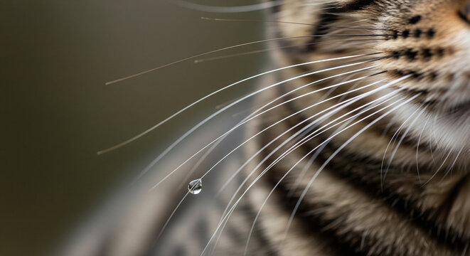 An extreme close-up macro shot of a tabby cat's face, focusing tightly on its whiskers. A perfectly formed, shimmering water droplet is suspended from one of the long - Powered by Adobe