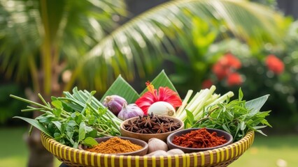 A vibrant assortment of aromatic spices and fresh herbal ingredients for preparing traditional Southeast Asian cuisine, displayed in a woven basket