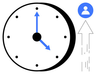 Time management, productivity, scheduling, organization, efficiency, progress. A clock with blue hands and a user profile icon with an upward arrow. Time management and productivity concept