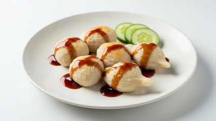 A delicious serving of traditional Indonesian Pempek fish cakes drizzled with sweet cuko sauce and accompanied by fresh cucumber slices on a white plate