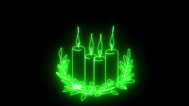 The glowing neon animated continuous with single line drawing of advent wreath with four candles burning and christmas neon line art animation  concept on black background 4k video 