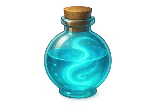Fantasy magic potion bottle with glowing blue liquid and cork stopper, game asset for alchemy, spells, and elixirs on transparent background - Powered by Adobe