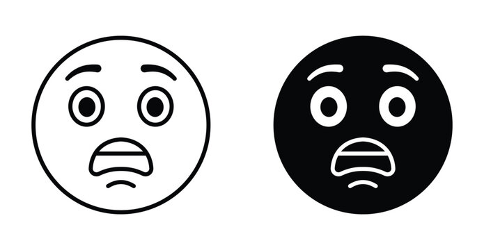 Scared expression face icon set. Scared expression face vector symbol in black filled and outlined style.