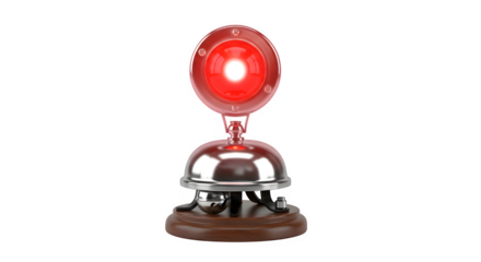 Vintage service bell with glowing red light on wooden base isolated on transparent background