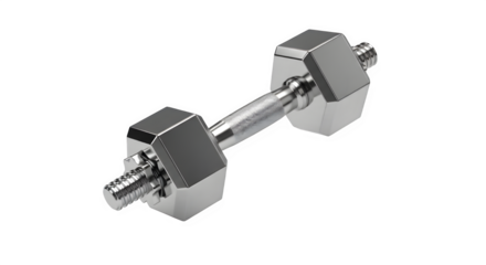 Shiny chrome dumbbell with hexagonal ends isolated on transparent background