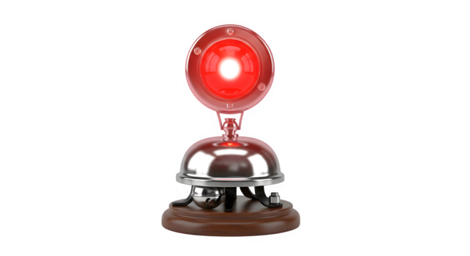 Vintage service bell with glowing red light on wooden base isolated on transparent background - Powered by Adobe