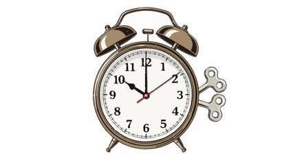 Classic Wind Up Alarm Clock with Key on White Background.