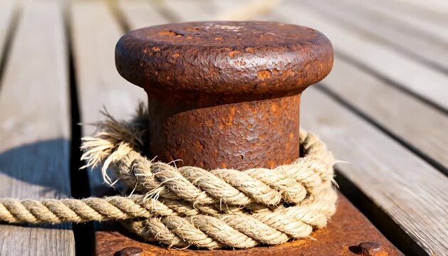 A worn, rusted mooring bollard secured with thick rope on a wooden dock mooring bollard dock, mooring line.