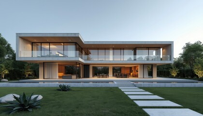 Fototapeta premium 3D architectural illustration of a modern house featuring a luxury villa design with glass walls, clean geometric lines, and minimalist landscaping.