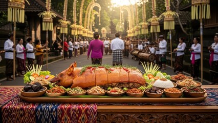 Elaborate display of Babi Guling, a traditional roasted suckling pig, served as a festive meal during a cultural celebration in Bali